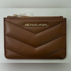 Michael Kors Jet Set  Travel Top Zip Coin Pouch w/ID-brown- leather -quilted New